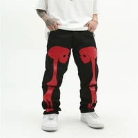 jeans 2022 new men and women summer retro street tide dark american loose red skull print straight flared trousers