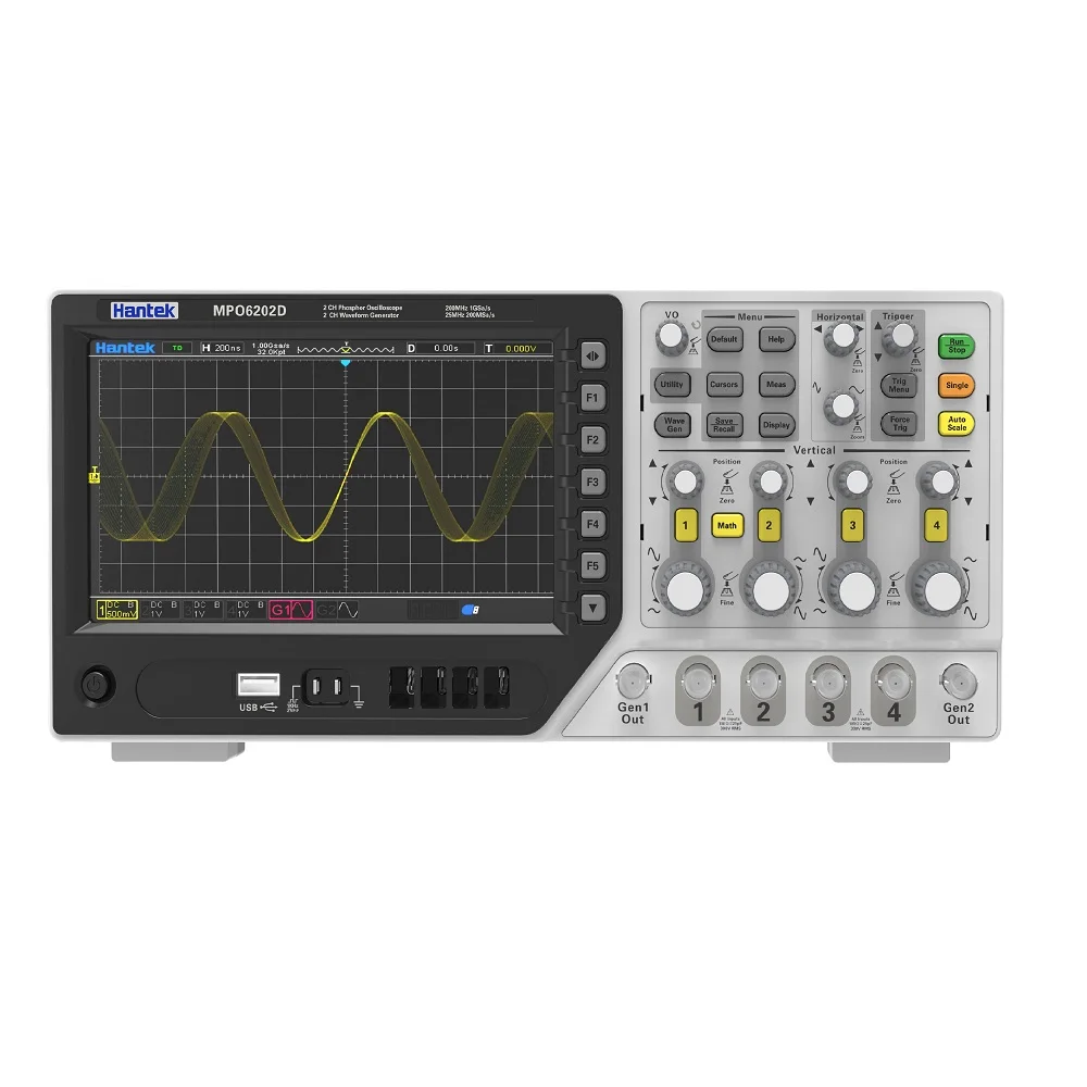 

MPO6204D 4CH 1GS/s High Accuracy Factory Low Cost USB Device 7 Inch TFT Screen Six In One 200MHz Hantek Digital Oscilloscope