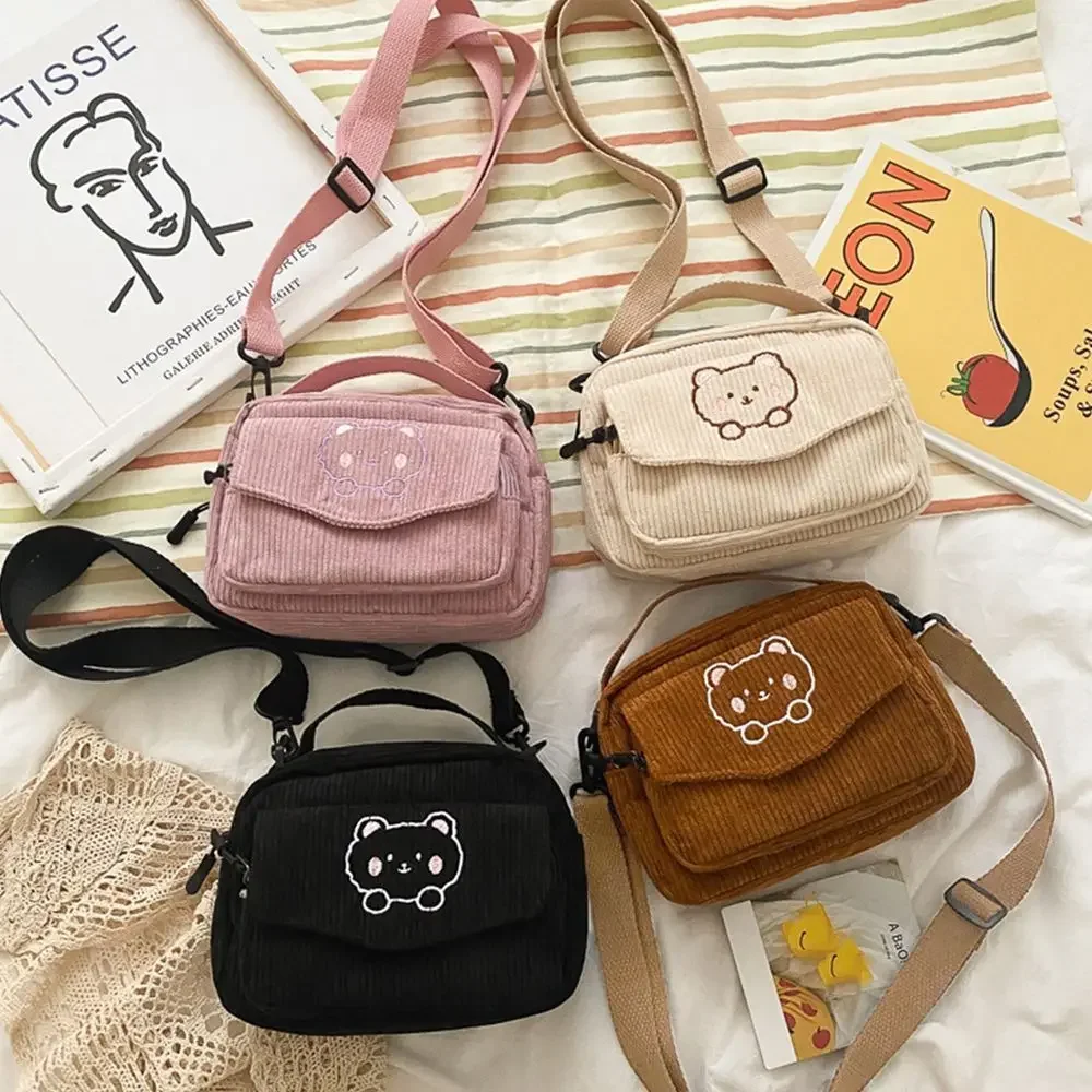 

New Fashion Women Corduroy Cartoon Bear Print Shoulder Bags Student Tote Messenger Bag Satchel Travel Handbags