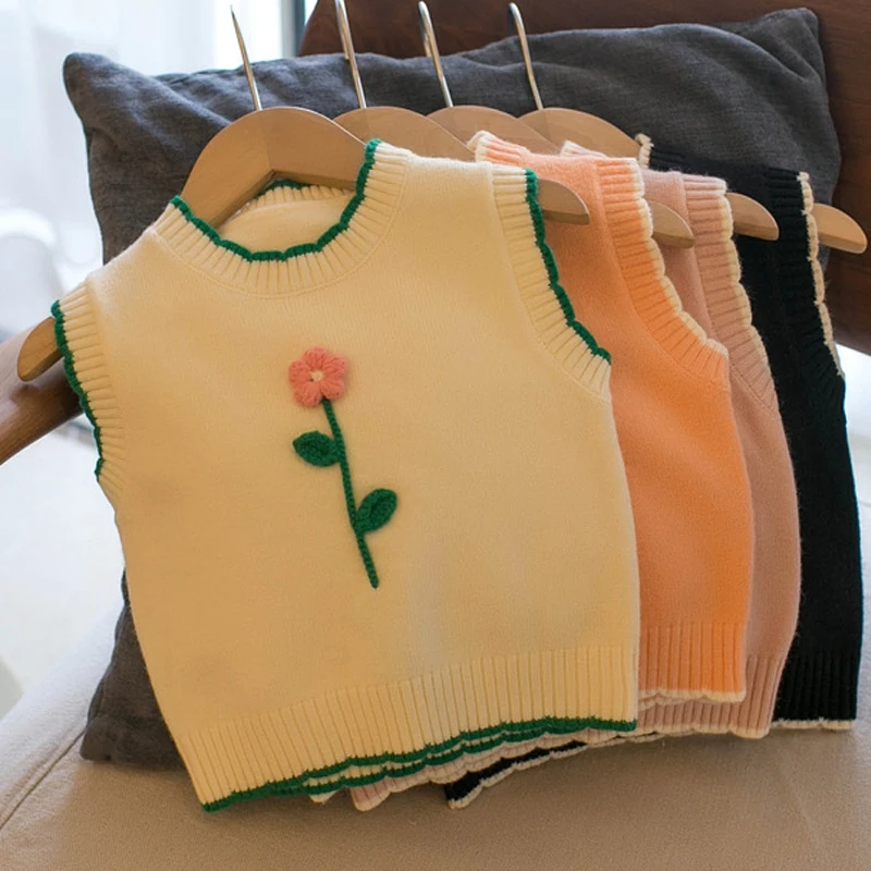 

Spring Autumn New Girls Knitted Vest Fashion Floral O-Neck Sleeveless Pullover Tops Korean Simple Cute Kids Waistcoat