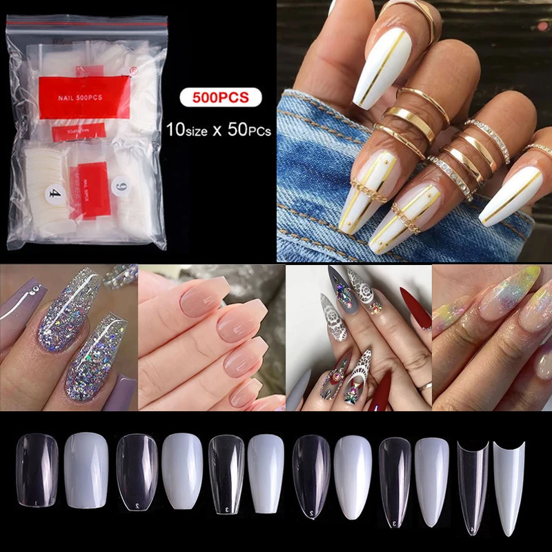 

500PCS Acrylic Fake Nails Ballet Coffin French Full Cover Nail Tips for Extension White Clear DIY Art Manicure Tool Nail Decor