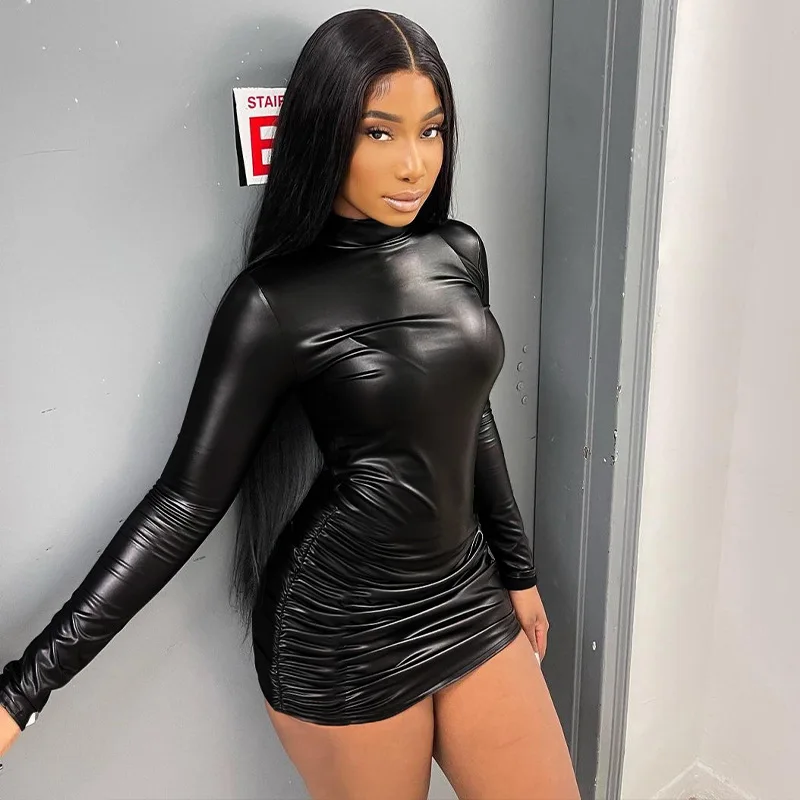 

BoozRey Pu Leather O Neck Long Sleeve Black Draped Sexy Slim Mini Prom Dress 2022 Winter Women Elegant Birthday Party Clothes
