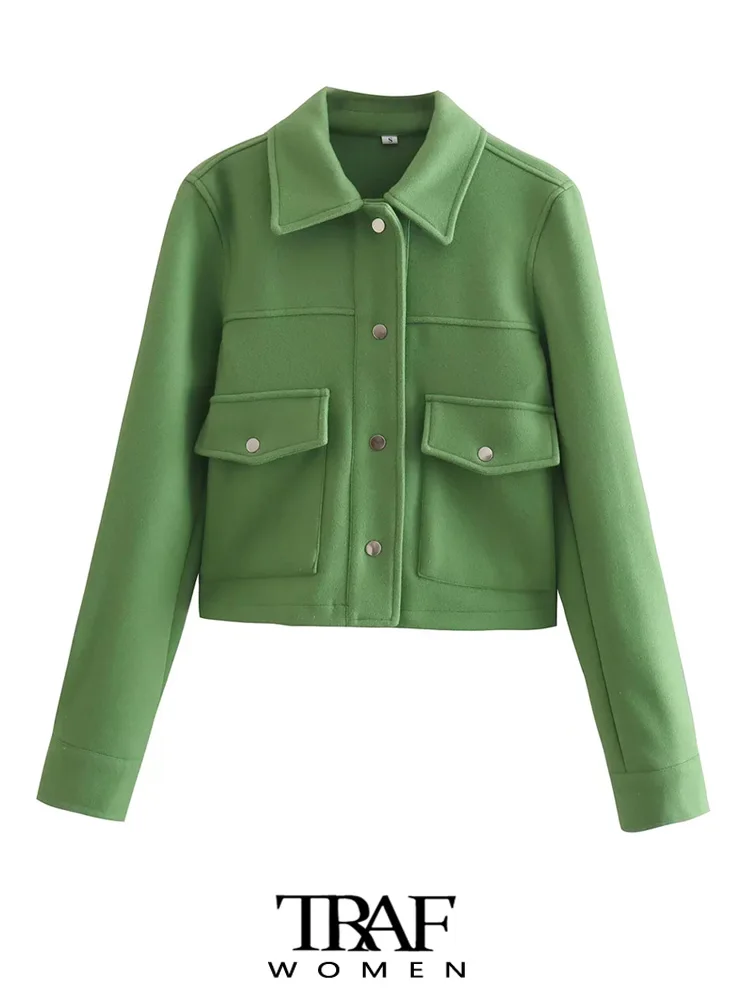 

TRAF Women Fashion With Pockets Cropped Green Jacket Coat Vintage Long Sleeve Snap-button Female Outerwear Chic Tops
