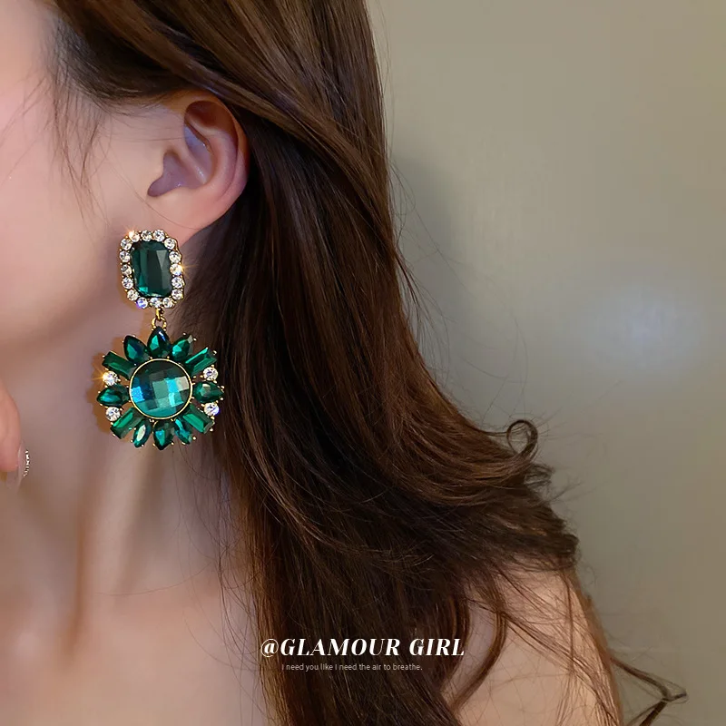 

Fashion Emerald Rhinestone Flower Earrings for Women New Baroque High-End Temperament Personality Earrings 2022 Women's Jewelry