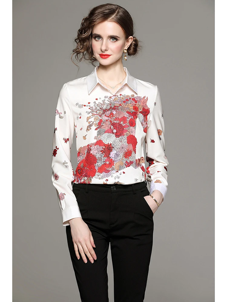 

Women Spring Autumn Shirt European and American Fashion Versatile Waist Closing and Slimming Positioning Printed Shirt D4421