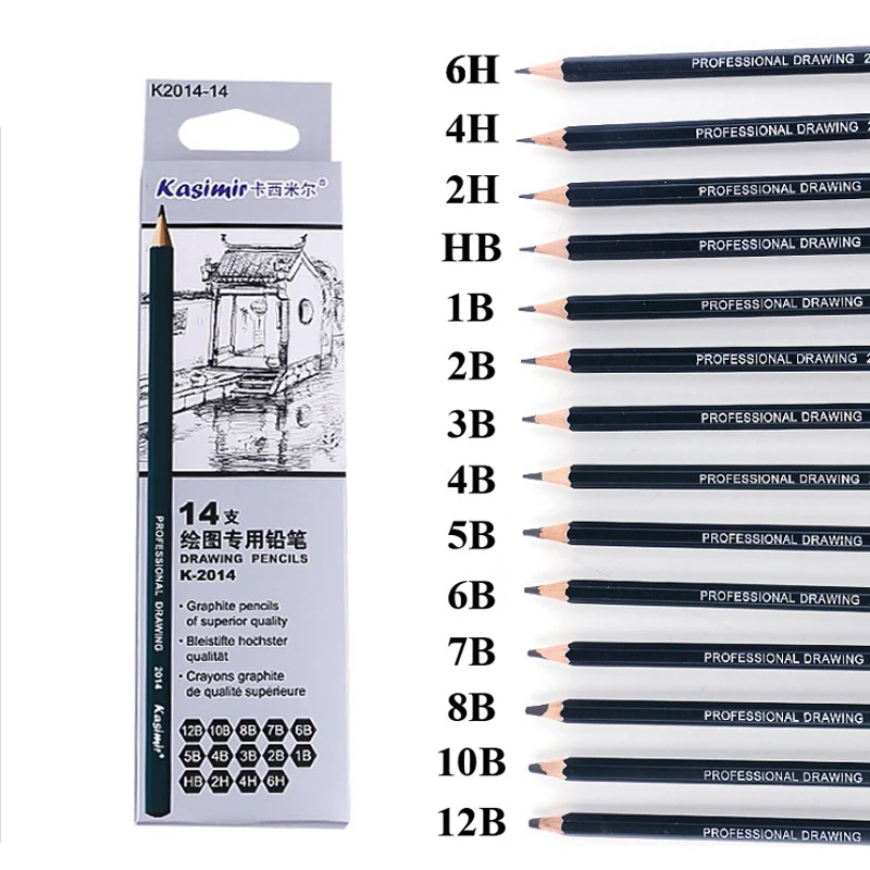 

14Pcs/Set Professional Sketch and Drawing Writing Pencil Wooden 1B 2B 3B 4B 5B 6B 7B 8B 10B 12B 2H 4H 6H HB Pencil School Supply