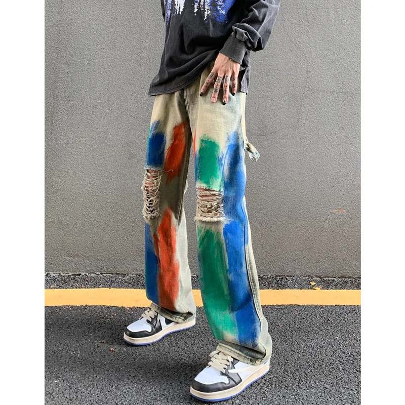 Men's Wear 2022 Vintage Casual Ripped  Jeans Yellow Mud Dyed Broad Leg Pants High Street Loose Straight Trousers Autumn Women