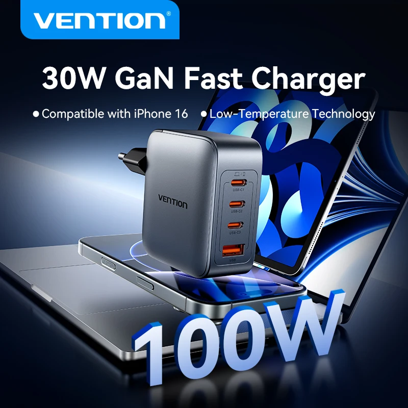 Vention 4 порта 100 Вт GaN EU USB Type C PD QC 3.0 Быстрое зарядное устройство для телефона iPhone 16 15