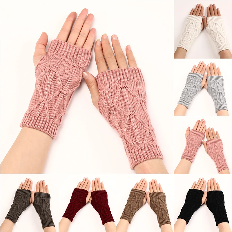 

New Students Write Keep Warm Gloves Winter Fingerless Mittens Diamond Knitting Half Finger Gloves Wrist Elbow Oversleeves Mitten
