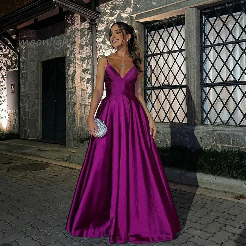 

Платье женское вечернее атласное на тонких бретельках, фиолетовое ТРАПЕЦИЕВИДНОЕ с V-образным вырезом, без рукавов, с открытой спиной, бальное платье для выпускного вечера