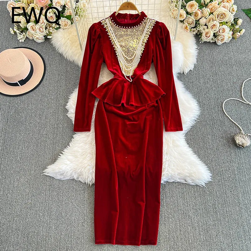 Элегантное бархатное платье EWQ с жемчужинами женское облегающее длинное