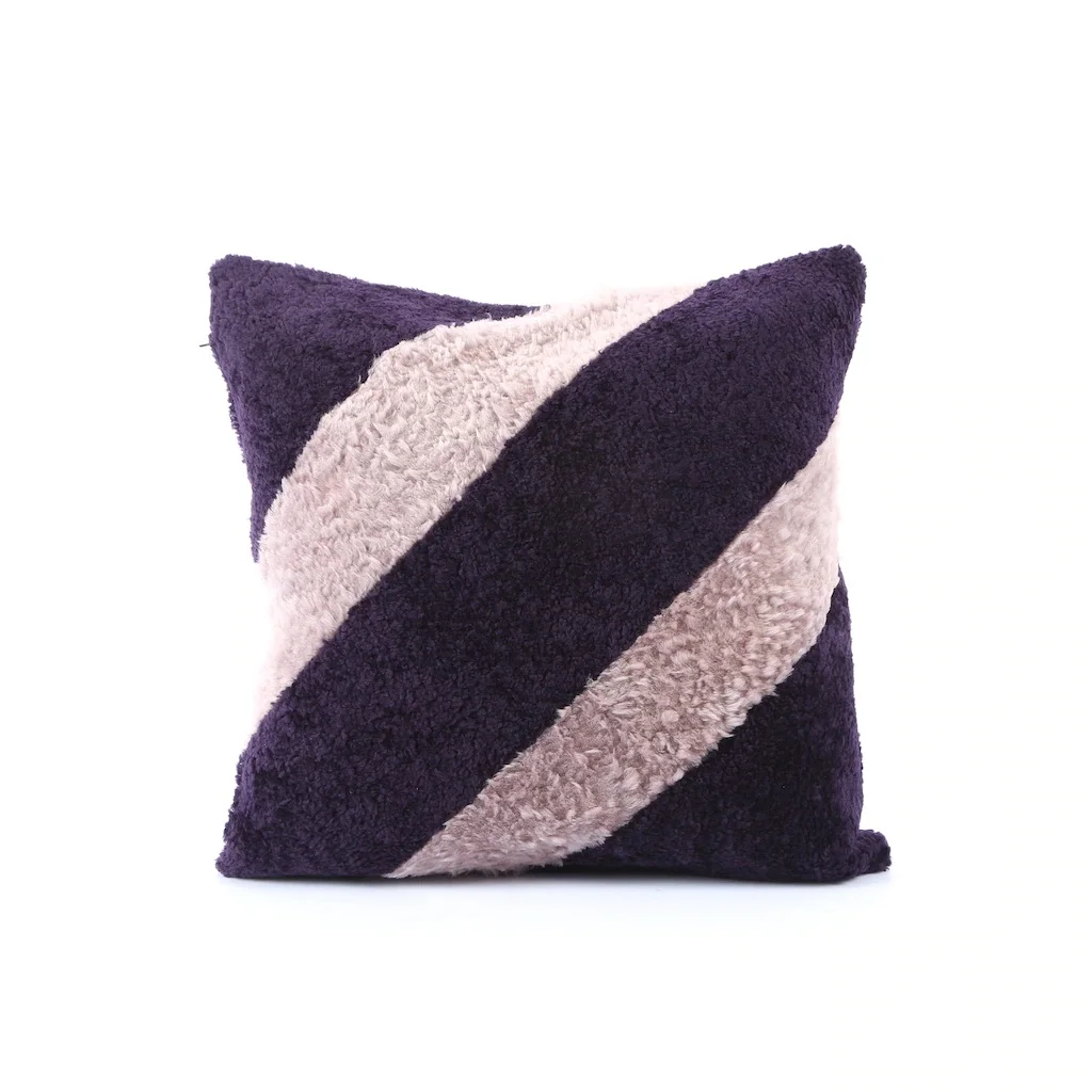 

Purple-Pink Color Shearling Sheep Fur Pillow Cover, Striped Design With 2 Colors, soft-Fluffy Fur Pillow with Textured Surface