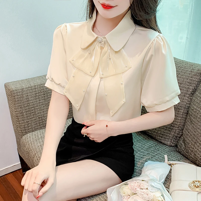 

Satin Shirt for Women Summer 2023 New In Solid Casual Slim Blouses Bubble Short Sleeve Bow Top Turn-down Collar YCMYUNYAN