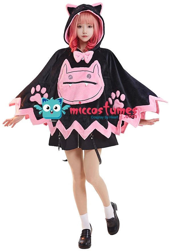 

Women Hooded Cloak Cat Pattern Pink Black Poncho Cape Coat