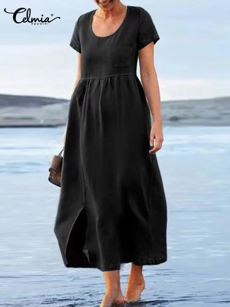 

Celmia Summer O Neck Stitching Robes Women Solid Long Maxi Dresses Leisure Short Sleeves Sundress Fashion Spilt Gathering Dress