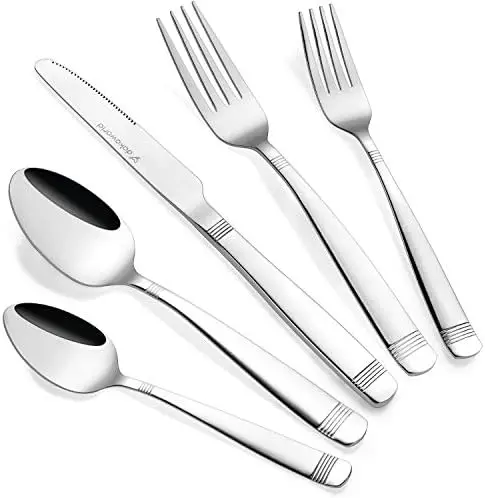 

Set 18/10 Stainless Steel - Elegant Flatware Set of 40 Pieces - Eating Utensils for 8 People - Modern Cutlery Kit of Dinner Fork