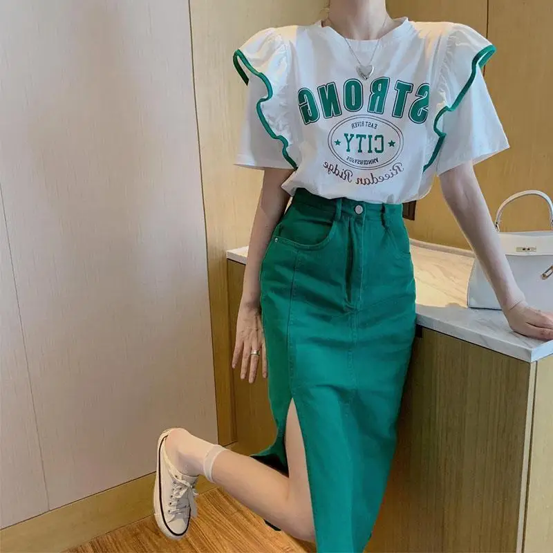 

Summer Women Two-piece Suit Loose Casual Print T-shirt woman High Waist Slit Denim Skirt Outfits Girls Kawaii Y2k Tops Harajuku