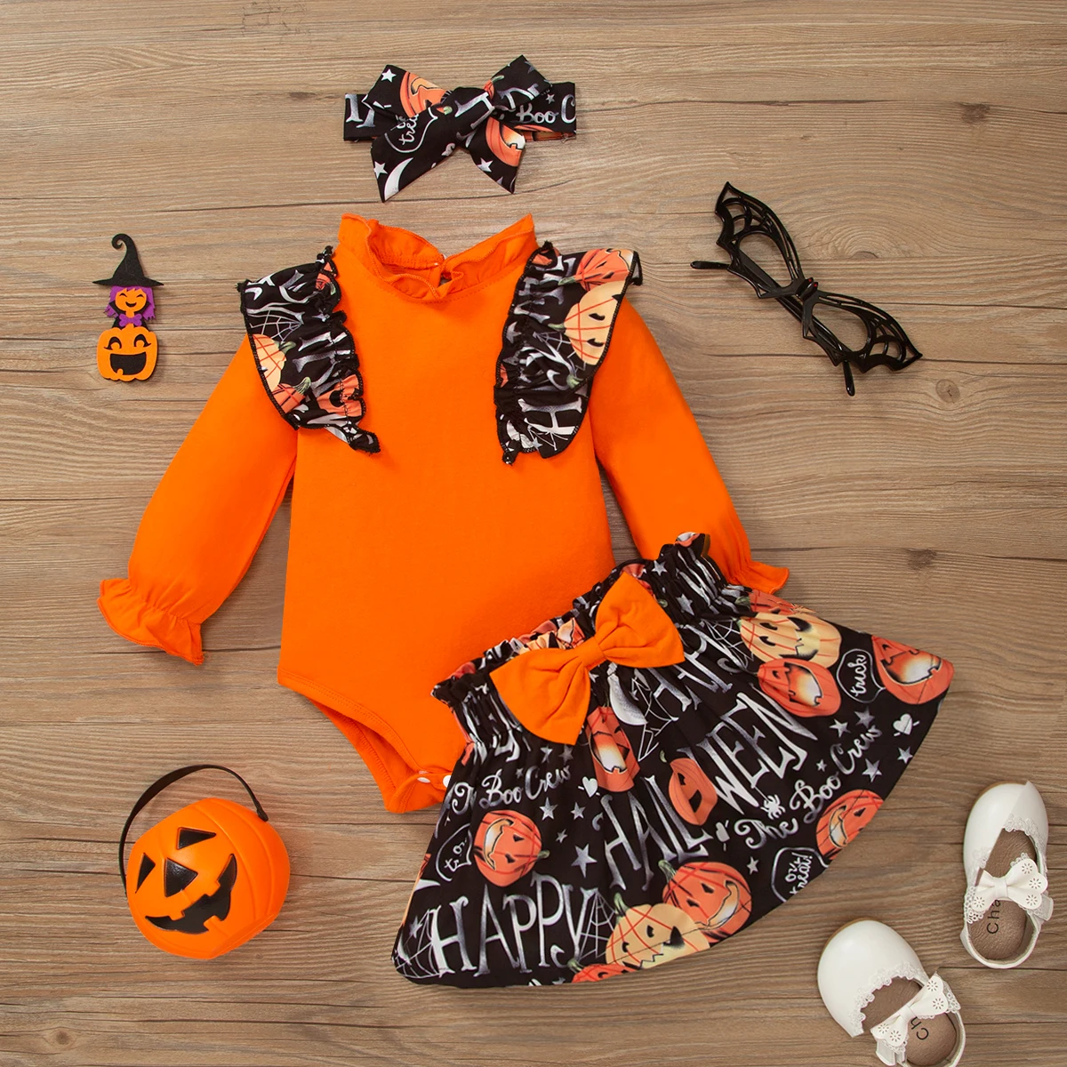 

PatPat Halloween 3pcs Baby Girl Ruffle Trim Romper and Bow Front Allover Pumpkin & Letter Print Skirt with Headband Set