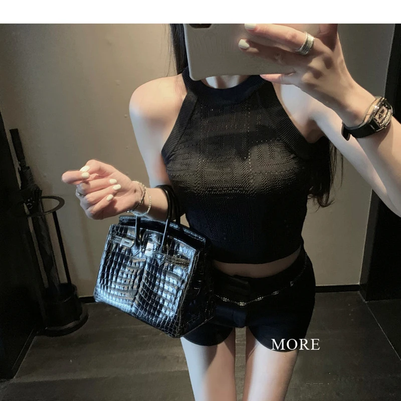 Пляжный вязаный узкий корейский корсет в рубчик с круглым вырезом укороченный