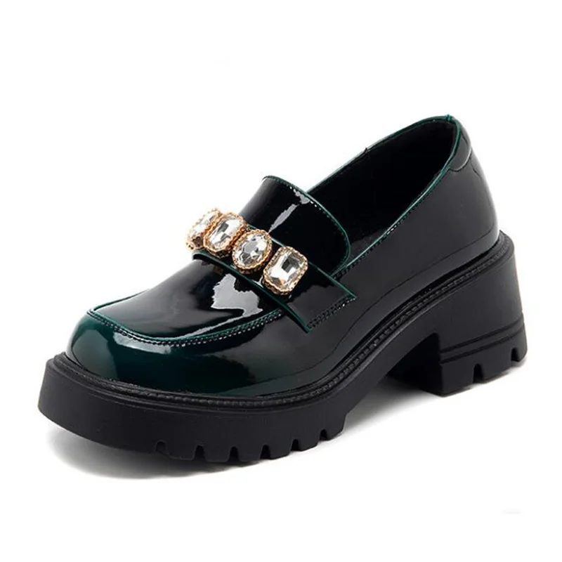 Summer New British Style Small Leather Shoes Women's Japanese Retro Rhinestone Thick-Soled Loafer Pumps For Women Black Beige