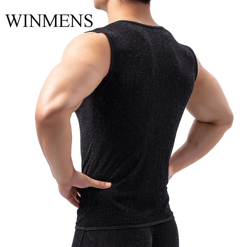 Men's Transparent Tank Tops Gold Dots Mesh Sleeveless Undershirts Gay Fitness O-neck See Inner Vest Sheer Bodybuilding Singlets