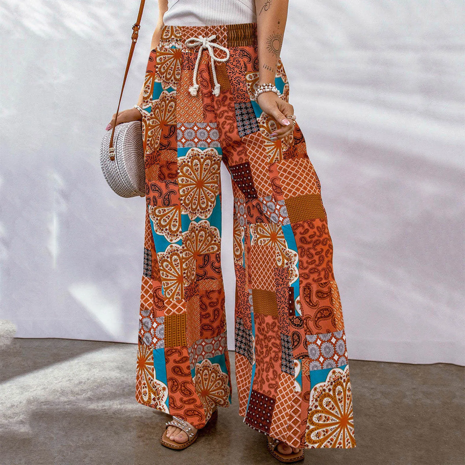 Boho Wide Leg Pants For Women High Waist Western Ethnic Color Block Floral Beach Pants With Pockets Ladies Loose Casual Trousers
