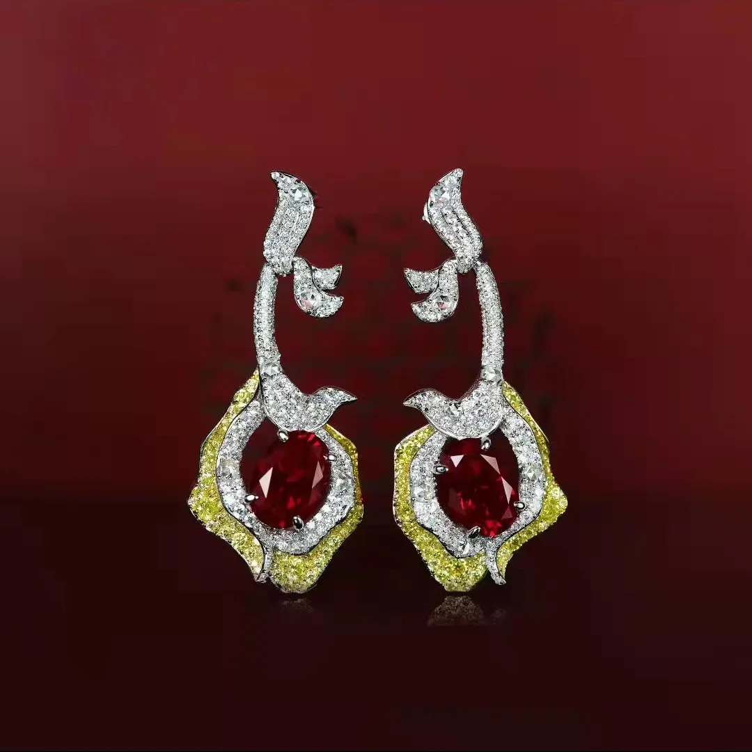 

RUZZALLATI Fashion 925 Sterling Silver Earrings Dazzling Ruby Gemstone Flower Drop Earring Women's Wedding Banquet Party Jewelry