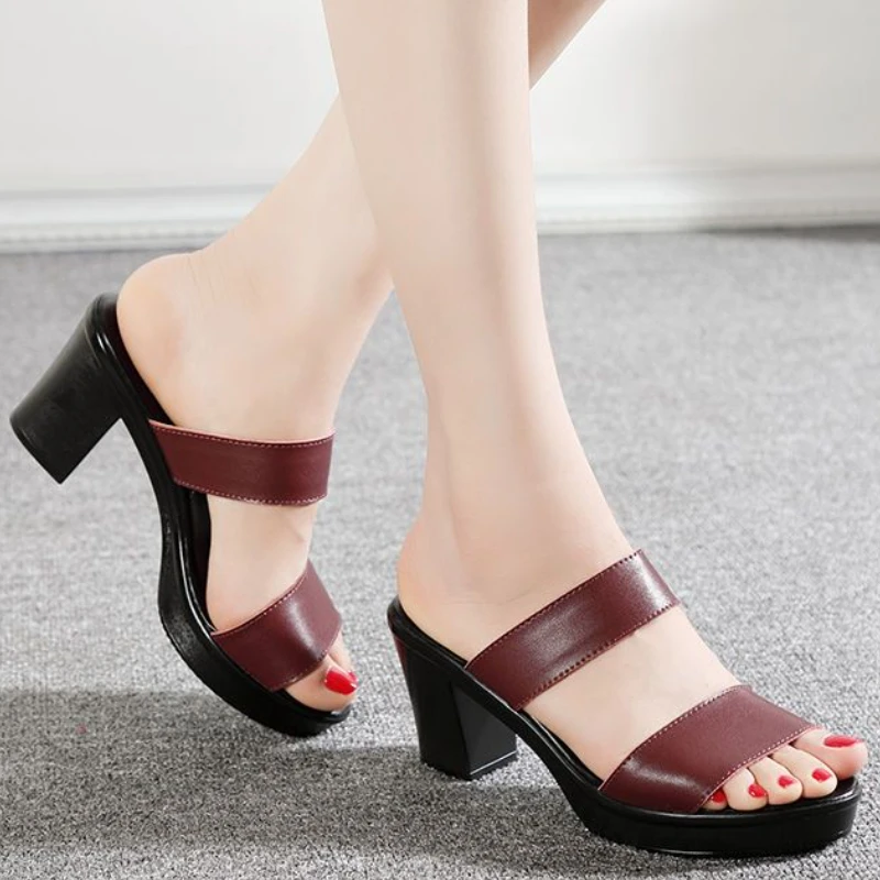 

Women's Slippers 2023 Summer New Ladies Chunky Heels Mules Fashion Peep Toe Women Platform Slippers Outdoor Dress Women Shoes