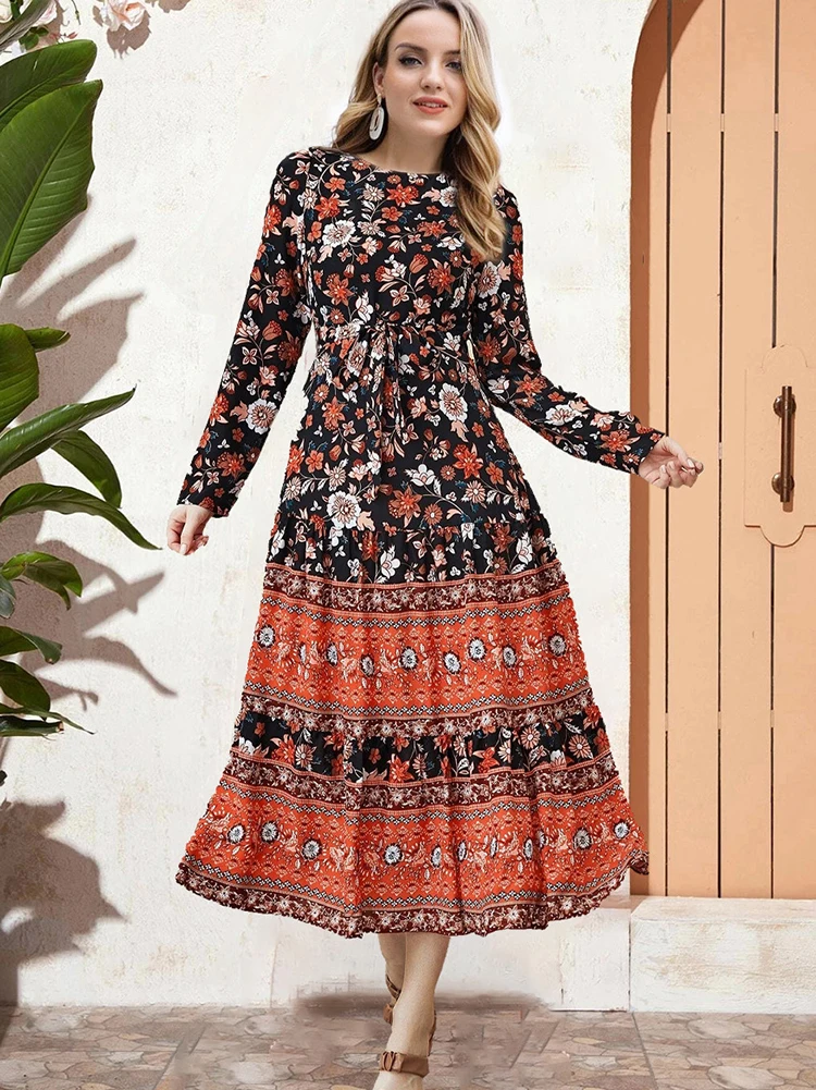 Женское платье-макси с длинным рукавом, цветочным принтом