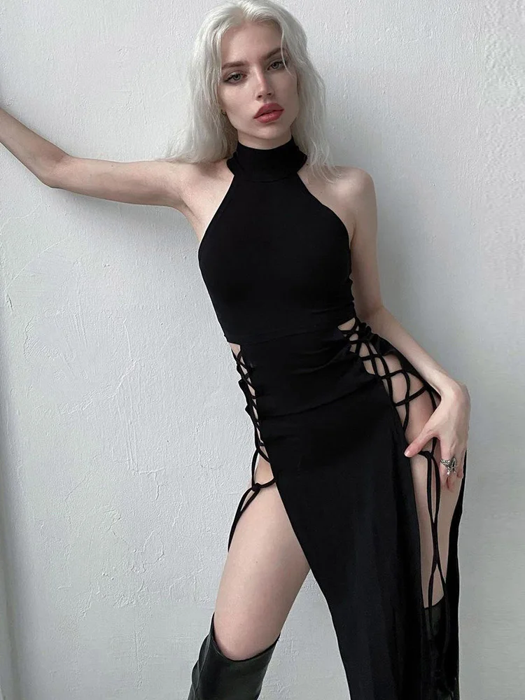 Фото Hohe Split Sexy Verband Frauen Kleider Y2K Mall Gothic Холтер Schlank Midi Kleid Schwarz Grunge Stil Alt party №4