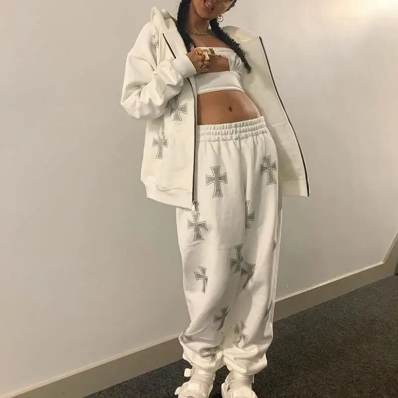 

Spring Autumn Rhinestone Cross Sweatpants Y2k Grunge Joggers High Waisted Baggy Pants Streetwear Korean Fashion Women Clothes