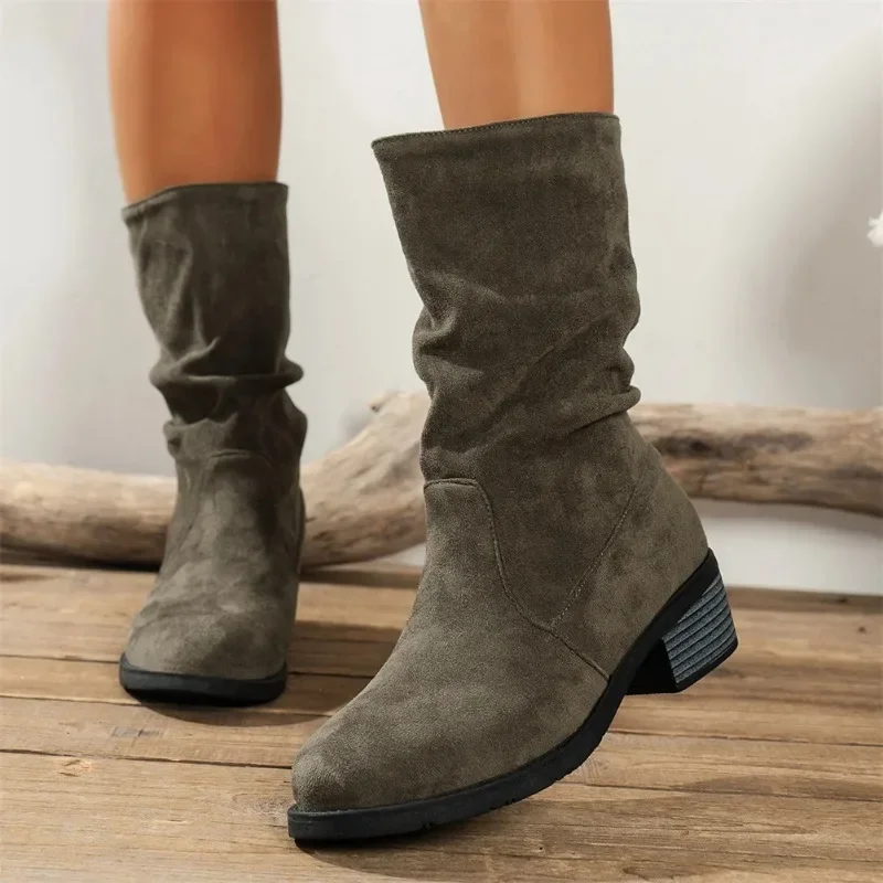 

Boots Ladies 2023 Winter New Fashion Solid Platform Mid-Calf Boots Chunky Heels Round Toe Casual Party Shoes for Women Zapatos