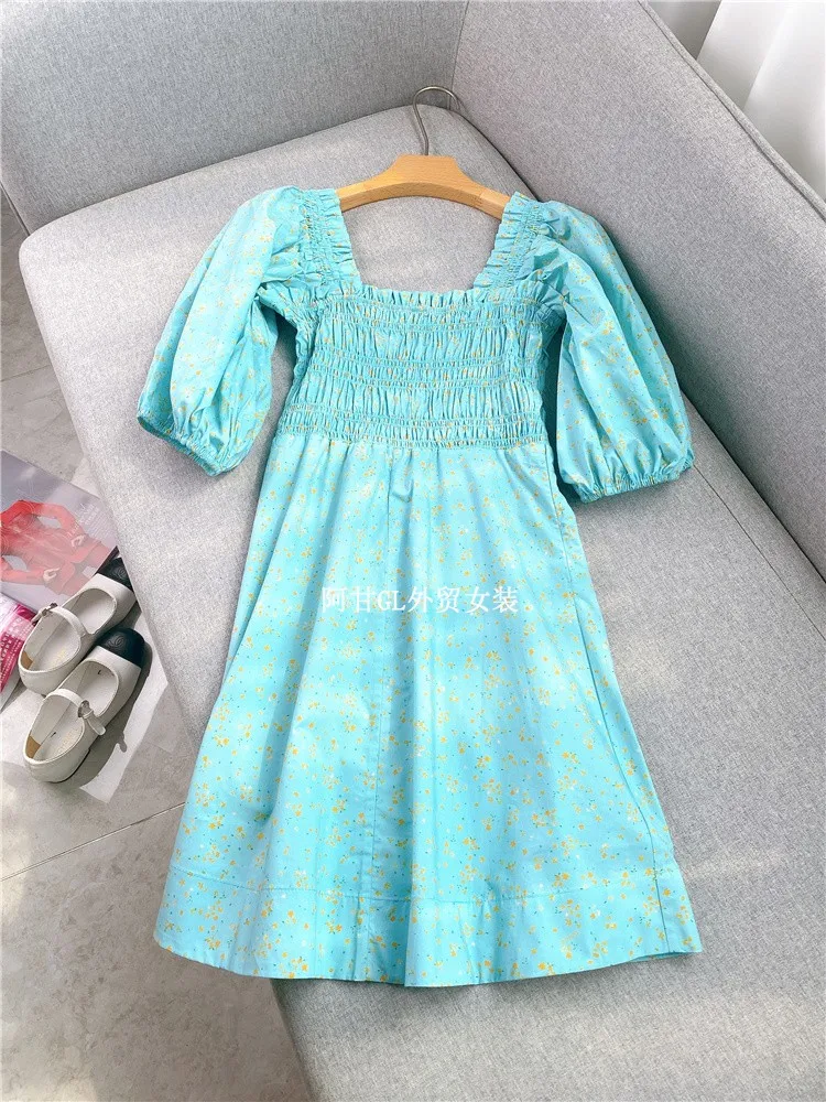 

A-line Skirt Women 2022 Spring New Blue Cotton Floral Square Neck Pleated Floral Print Puff Sleeves Slim Dress