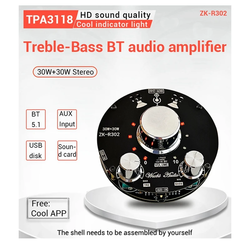 

Фотографический индикатор громкости, светодиодная плата, модуль TPA3118, регулировка высоких и низких басов, 30 Вт, 2 динамика