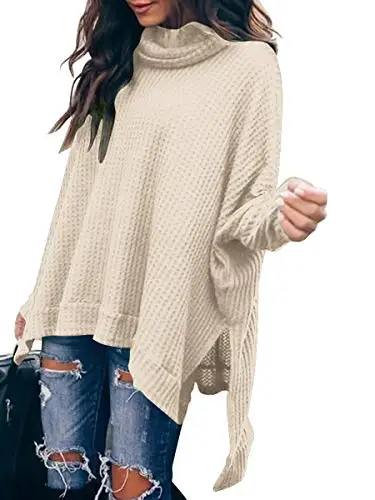 

2022 Women Turtle Cowl Neck Long Batwing Sleeve Waffle Knit Pullover Sweaters Oversized Loose Fit High Low Tunic Tops