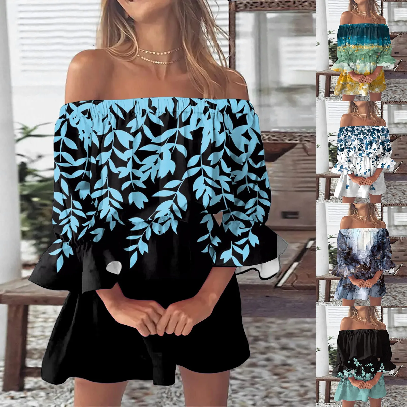 

Summer Dresses For Women Vintage Print Beach Sexy Off Shoulder Tunic Sundresses Casual Loose Two Piece Dress for Women Evening