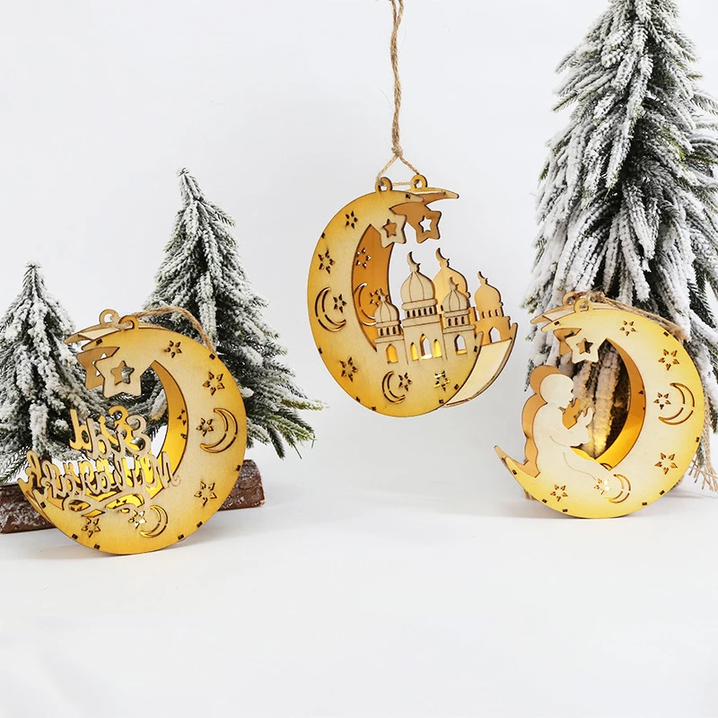 

1Pcs Eid Mubarak Ramadan Pendants Moon Sign Warm Lights Hanging LED Islam Mosque Wooden Crafts Night Lights Decoration Supplies