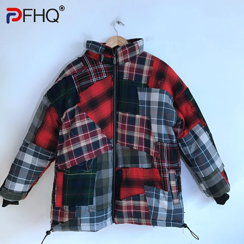 

PFHQ Men's Plaid Ragged Edges Asymmetric Stitching Jackets Autumn Contrast Color Niche Creativity Tide Down Cotton Coat 21Z1574
