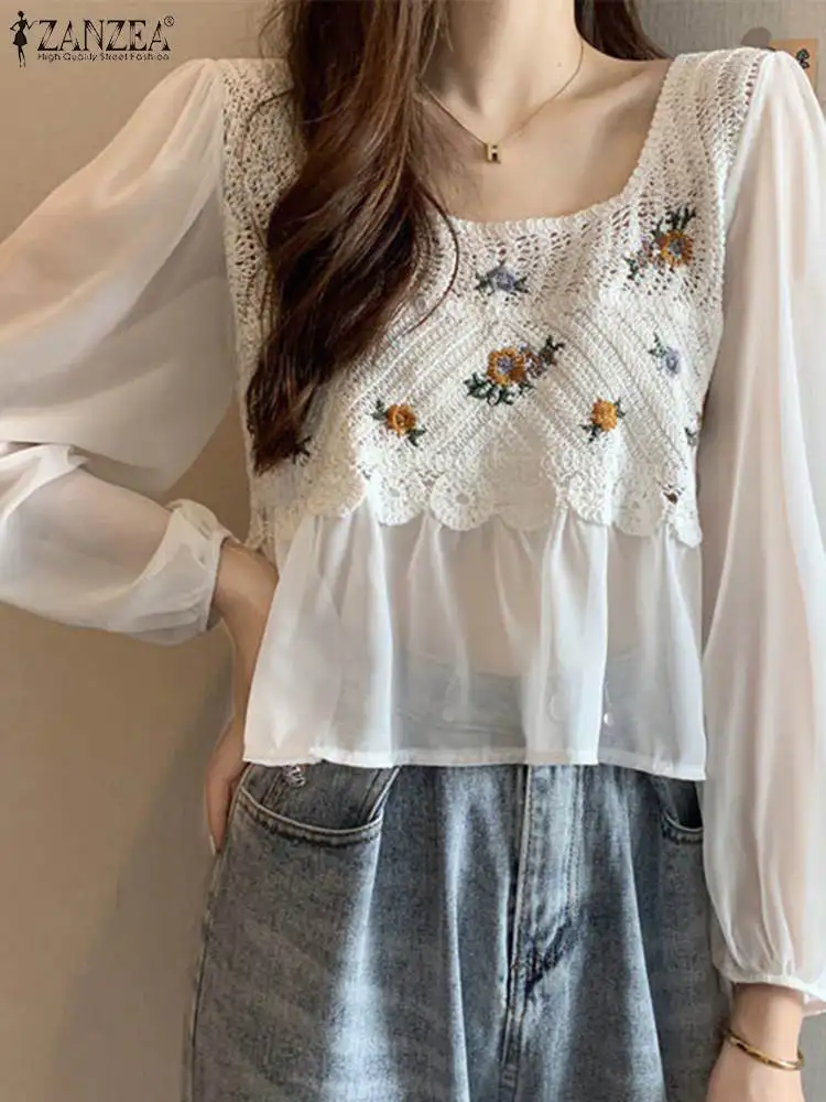 

ZANZEA Korean Fashion Long Puff Sleeve Blouses Casual Chiffon Elegant Women Chemise Square Collar Crochet Flower Sheer Blusas