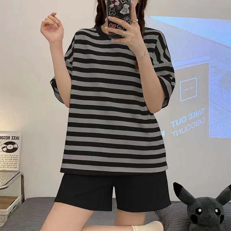 Pajamas Women'S 2 Piece Set Summer 100% Cotton  Korean Kawaii Nightwear Short Sleeve Striped Casual Loose Homewear Set