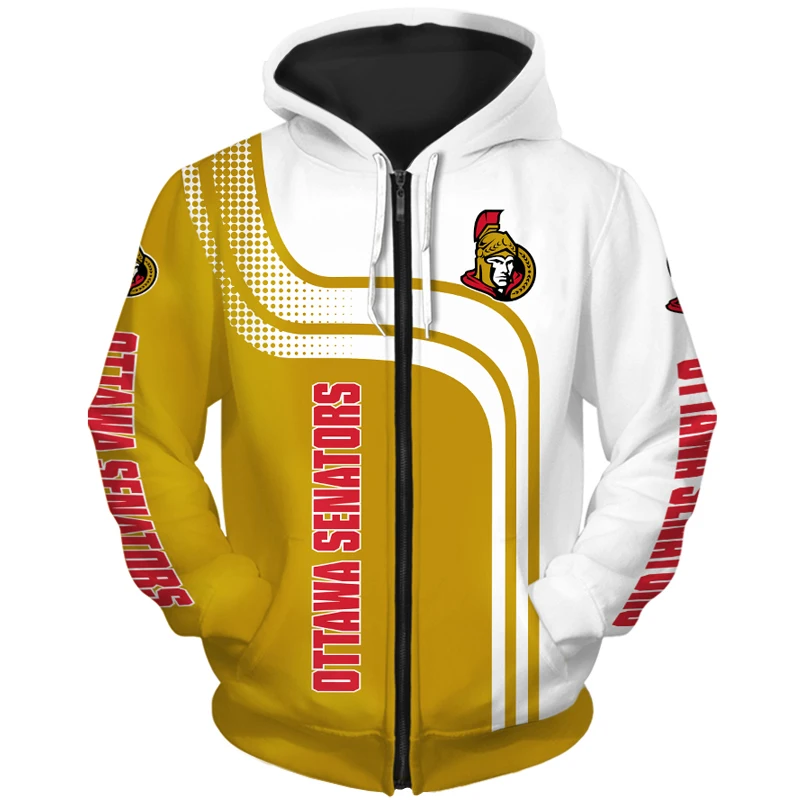 

Ottawa men's fashion Long sleeve 3D Senators Zip Hoodies Yellow and white stitching graffiti samurai print Sweatshirt