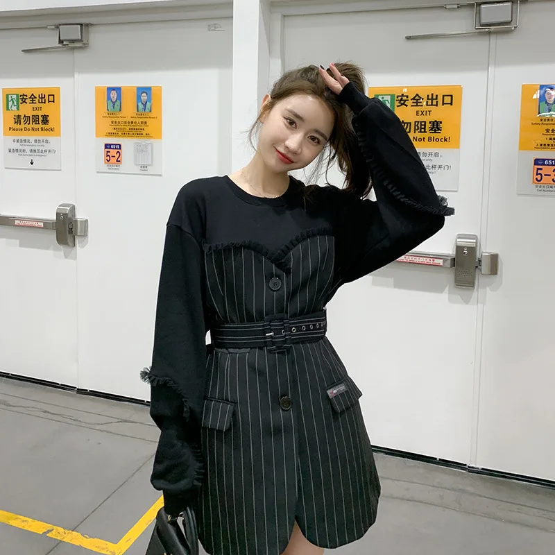 

KE LA Women Spring 2023 Fake Two-piece Stitching Striped Suit Dress Woman High Waist Temperament Korean Style Dress