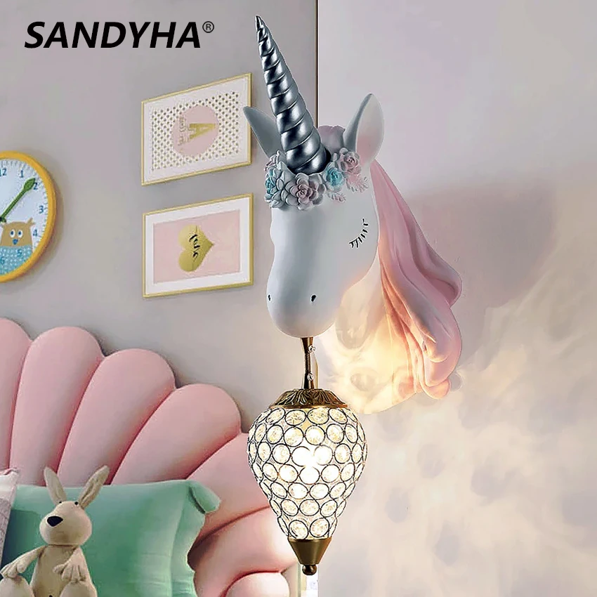 

SANDYHA Wall Lamps Design Resin Crystal Drop Sconces Interior Bedroom Lights Children's Drawing Unicorn Room Home Decoration Led