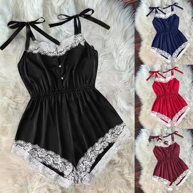 

1PC Ladies Sexy Silk Satin Pajama Set Lace Pyjama Set Sleepwear Home Wear Sleep Wear Home Wear Sleeveless Cute Top Shorts Sleep