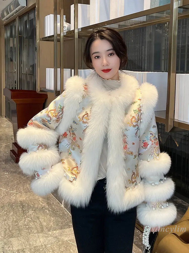 2022 Autumn Winter Fur Coat for Women Faux Fox Fur Patchwork Chinese Style Short Fur Jacket Cape Coat
