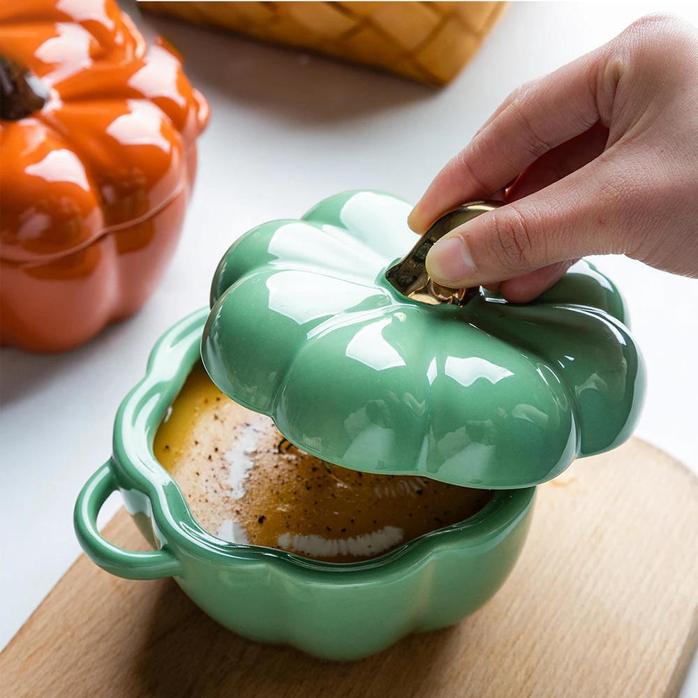 

Pumpkin Shape Bowl With Lid Ceramic Soup Salad Cereal Bowl Bakeware Oven Baking Pan Kitchen Novelty Party Festival Decoration
