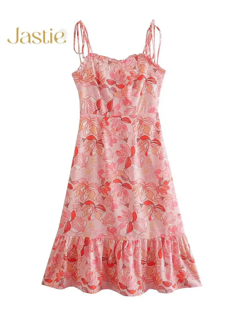 

Jastie 2023 Summer Tied Floral Ladies Dress Sexy Backless Spaghetti Strap Beach Print Vestidos Bohemian Party Dresses For Women