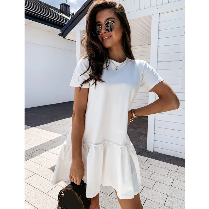 

Short Sleeve Casual White Dress Women O-Neck Summer New Loose Mini Ruffled Dresses Women's Solid Color T-shirt Dress Vestidos