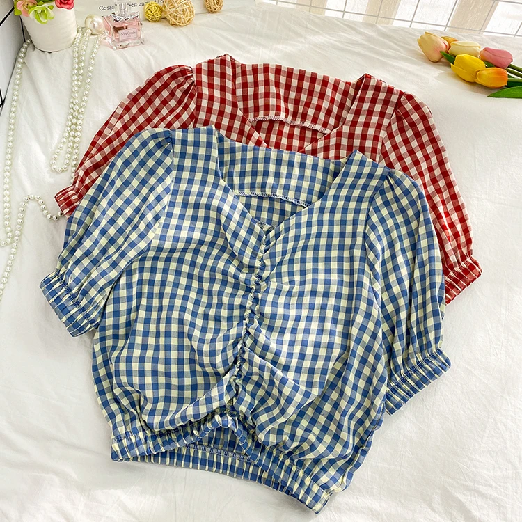 

Heliar Summer Check Ruched Front Elasticated Balloon Sleeve And Waist Vintage Crop Blouse Women Gingham V Neck Crop Top