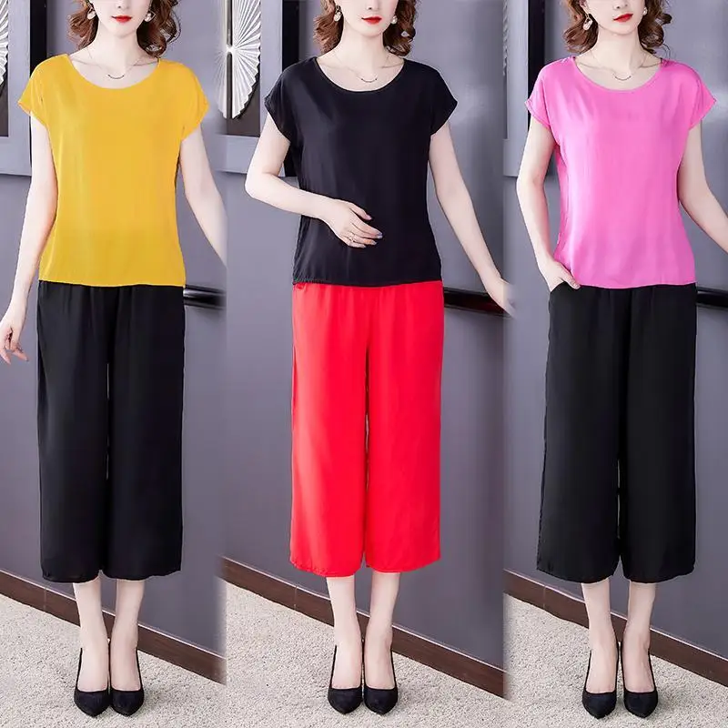 Women 2022 Summer Casual Set New Female Solid Color Soft Cotton Loose Clothes Sets Tops Pants Office Lady Work 2 Piece Suits I01